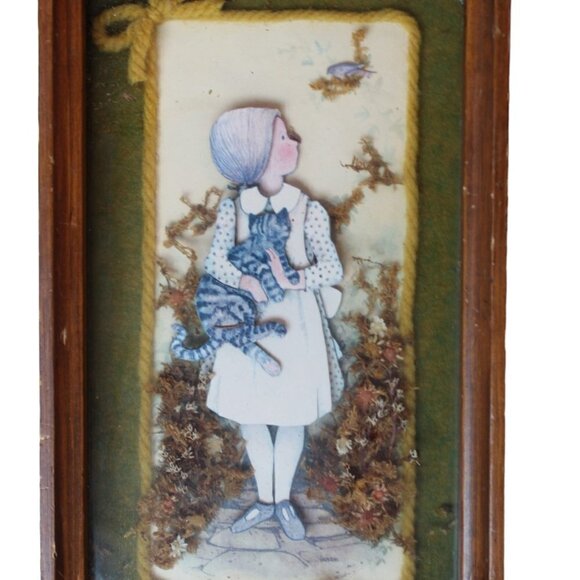 Vintage 1970's 3D wooden frame girl with a cat bird nature wall hanging collage - Picture 11 of 11